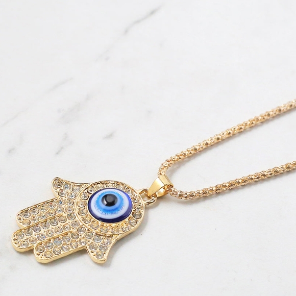 Gold Hamsa Hand + Evil Eye Pendant Necklace - Picture 1 of 3